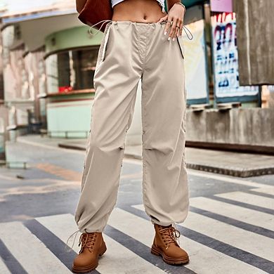 Women's Baggy Cargo Pants Drawstring Mid Waist Loose Trousers Solid Color Parachute Wide Leg Pants
