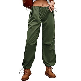 Women's Baggy Cargo Pants Drawstring Mid Waist Loose Trousers Solid Color Parachute Wide Leg Pants