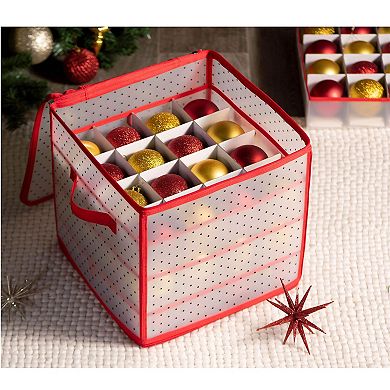 64/128-Ornament Storage Box 3" Cubes Dual-Zip Red Water-Resistant
