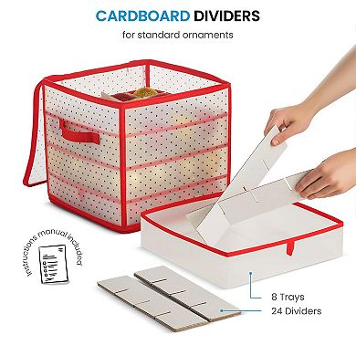 64/128-Ornament Storage Box 3" Cubes Dual-Zip Red Water-Resistant