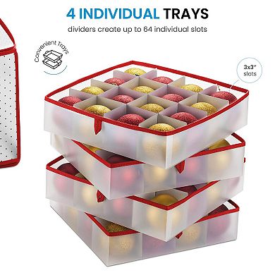64/128-Ornament Storage Box 3" Cubes Dual-Zip Red Water-Resistant