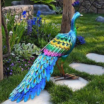 Colorful Metal Peacock Garden Statue 24 in Yard Art for Lawn Patio Gift