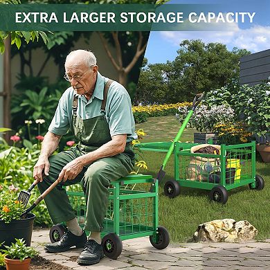Heavy Duty Rolling Garden Seat Cart with Wheels Tool Storage 400lb