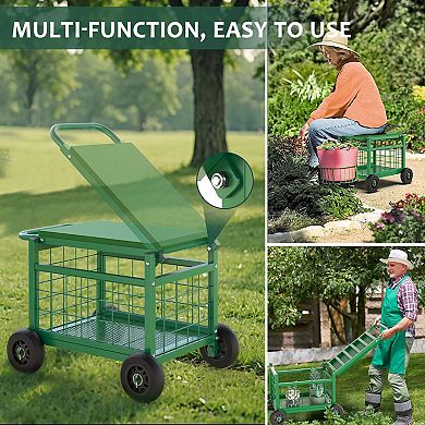 Heavy Duty Rolling Garden Seat Cart with Wheels Tool Storage 400lb