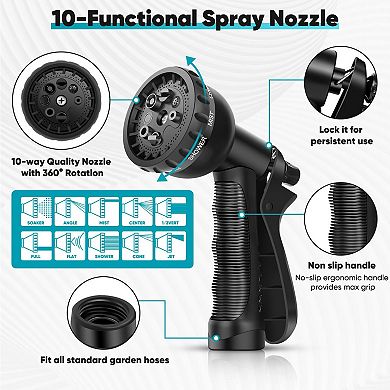 50ft Non-Expand Lightweight Garden Hose Durable Flexible 8-Pattern Nozzle