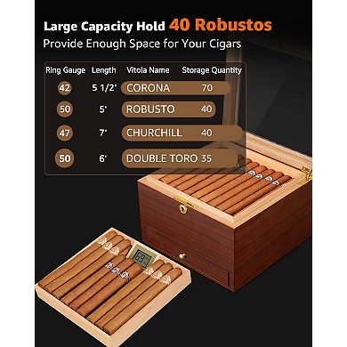 40-Cigar Walnut Humidor with Air System Digital Hygrometer Spanish Cedar Drawer