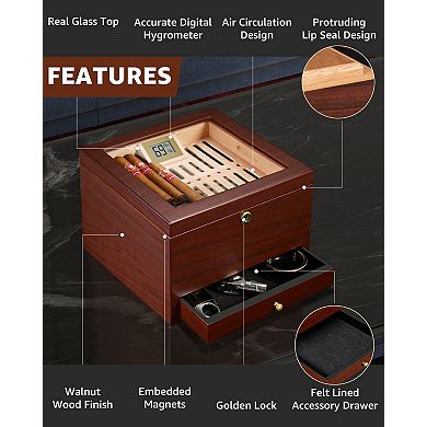 40-Cigar Walnut Humidor with Air System Digital Hygrometer Spanish Cedar Drawer