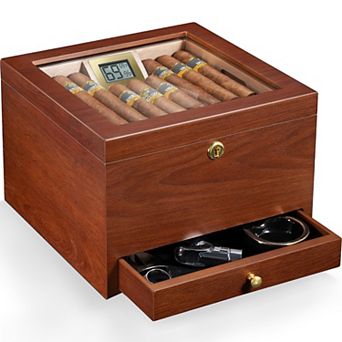 40-Cigar Walnut Humidor with Air System Digital Hygrometer Spanish Cedar Drawer