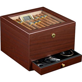 40-Cigar Walnut Humidor with Air System Digital Hygrometer Spanish Cedar Drawer