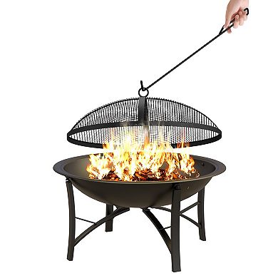 Compact Steel Fire Pit Bowl with Spark Screen for Camping BBQ Backyard