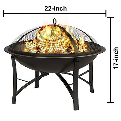 Compact Steel Fire Pit Bowl with Spark Screen for Camping BBQ Backyard