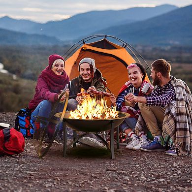 Compact Steel Fire Pit Bowl with Spark Screen for Camping BBQ Backyard
