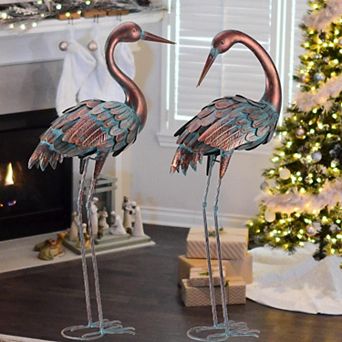 Metal Crane Garden Statues Set of 2 34-35" Handcrafted Copper Finish Yard Art