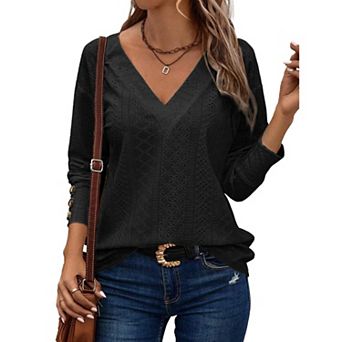 Womens T-shirt Long Sleeve Shirts V Neck Casual Outfits Tops Blouses Clothes