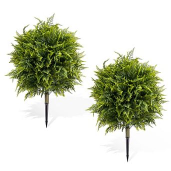 2 Pack Artificial Fern Topiary Ball Trees - UV Resistant with Ground Spikes for Garden Porch Decor