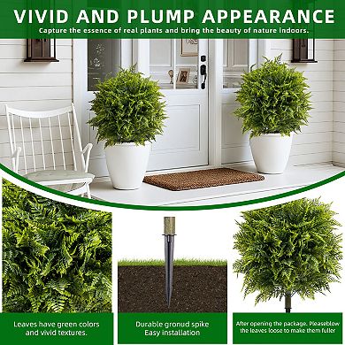 2 Pack Artificial Fern Topiary Ball Trees - UV Resistant with Ground Spikes for Garden Porch Decor