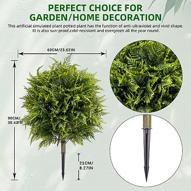 2 Pack Artificial Fern Topiary Ball Trees - UV Resistant with Ground Spikes for Garden Porch Decor