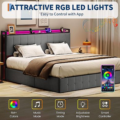Lift Up Storage Bed with LED Lights, Upholstered Velvet Bed Frame with Charging Station