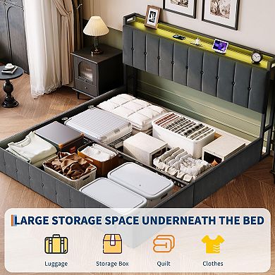 Lift Up Storage Bed with LED Lights, Upholstered Velvet Bed Frame with Charging Station