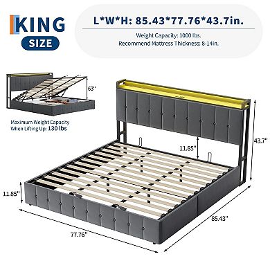 Lift Up Storage Bed with LED Lights, Upholstered Velvet Bed Frame with Charging Station