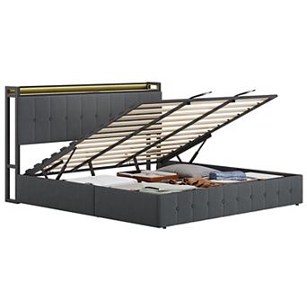 Lift Up Storage Bed with LED Lights, Upholstered Velvet Bed Frame with Charging Station