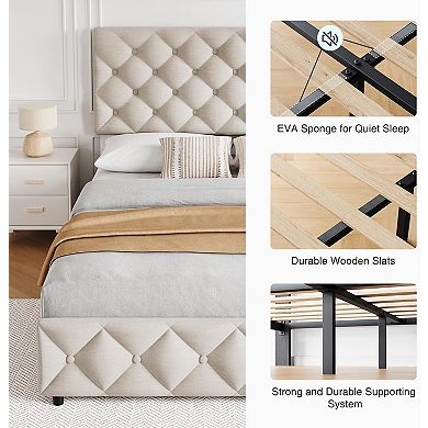 Bed Frame with Storage Drawers, Upholstered Platform Bed Frame with Adjustable Headboard