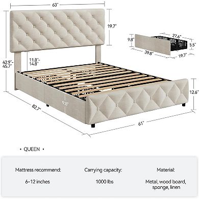 Bed Frame with Storage Drawers, Upholstered Platform Bed Frame with Adjustable Headboard