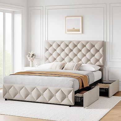 Bed Frame with Storage Drawers, Upholstered Platform Bed Frame with Adjustable Headboard