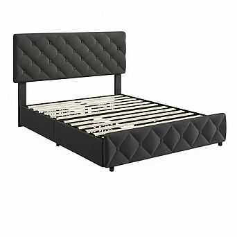 Bed Frame with Storage Drawers, Upholstered Platform Bed Frame with Adjustable Headboard