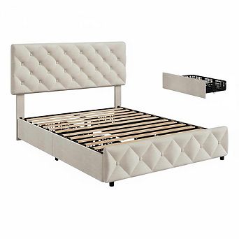 Bed Frame with Storage Drawers, Upholstered Platform Bed Frame with Adjustable Headboard