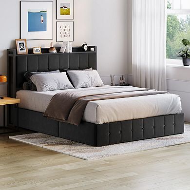 Lift Up Storage Bed, Upholstered Velvet Bed Frame with Storage Headboard, Metal Platform Bed