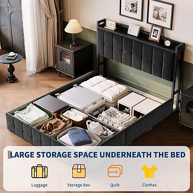 Lift Up Storage Bed, Upholstered Velvet Bed Frame with Storage Headboard, Metal Platform Bed