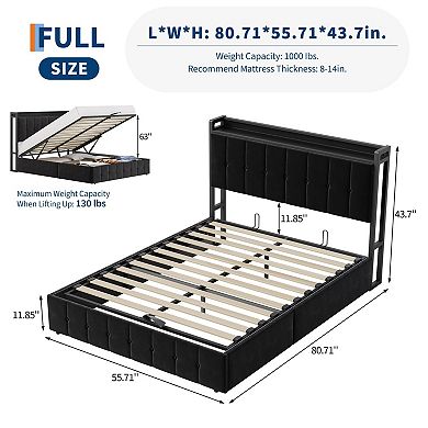 Lift Up Storage Bed, Upholstered Velvet Bed Frame with Storage Headboard, Metal Platform Bed