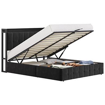 Lift Up Storage Bed, Upholstered Velvet Bed Frame with Storage Headboard, Metal Platform Bed