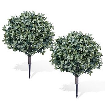 2-Pack Artificial Boxwood Topiary with Metal Ground Spike UV Resistant Outdoor Garden Decor