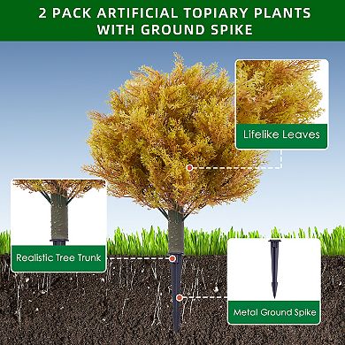 2pcs Artificial Topiary Trees Outdoor,Faux Outdoor Shrubs,UV Resistant Fake Shrubs with Ground Spike