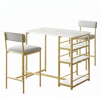 3 pc Bar Table Set with Storage Shelves, Space-Saving Dining Table & 2 Velvet Stools