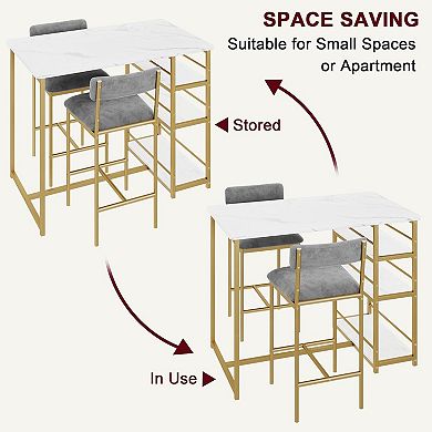 3-Piece Bar Table Set with Storage Shelves, Space-Saving Dining Table & 2 Velvet Stools