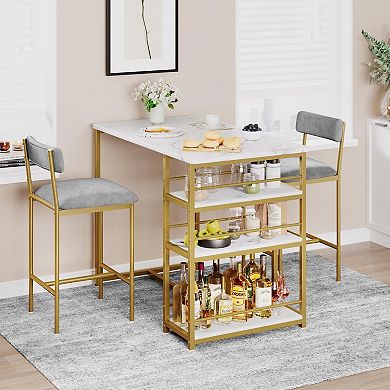 3-Piece Bar Table Set with Storage Shelves, Space-Saving Dining Table & 2 Velvet Stools