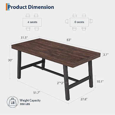 Industrial Dining Table for 4-6 People,63" Long Kitchen Table with Sturdy Metal Frame & Birch Finish