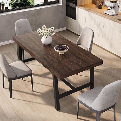 Industrial Dining Table for 4-6 People,63" Long Kitchen Table with Sturdy Metal Frame & Birch Finish