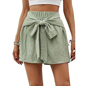 Women's Wide Leg Shorts Lightweight High Waisted Tie Knot Loose Fit Summer Cute Trousers