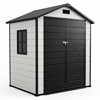 Outdoor Storage Shed with Floor,Plastic Resin Garden Shed with Window & Sloping Roof & Lockable Door