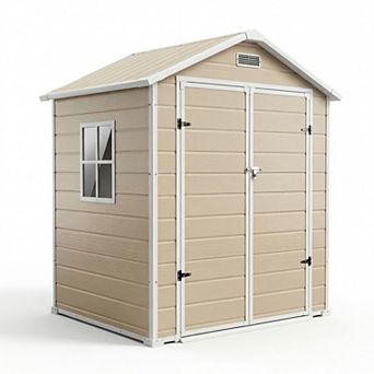 Outdoor Storage Shed with Floor,Plastic Resin Garden Shed with Window & Sloping Roof & Lockable Door