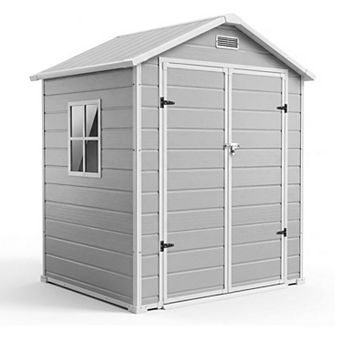 Outdoor Storage Shed with Floor,Plastic Resin Garden Shed with Window & Sloping Roof & Lockable Door