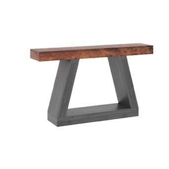 55 in Long Console Table, 2 tier Narrow Entryway Table Wooden Trapezoidal Sofa Table Behind Couch