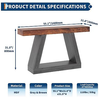 55in Long Console Table, 2-Tier Narrow Entryway Table Wooden Trapezoidal Sofa Table Behind Couch