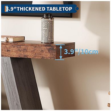 55in Long Console Table, 2-Tier Narrow Entryway Table Wooden Trapezoidal Sofa Table Behind Couch