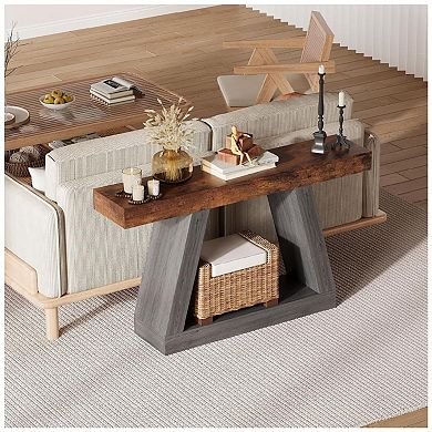 55in Long Console Table, 2-Tier Narrow Entryway Table Wooden Trapezoidal Sofa Table Behind Couch