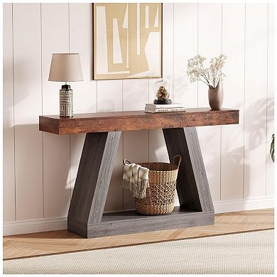 55in Long Console Table, 2-Tier Narrow Entryway Table Wooden Trapezoidal Sofa Table Behind Couch